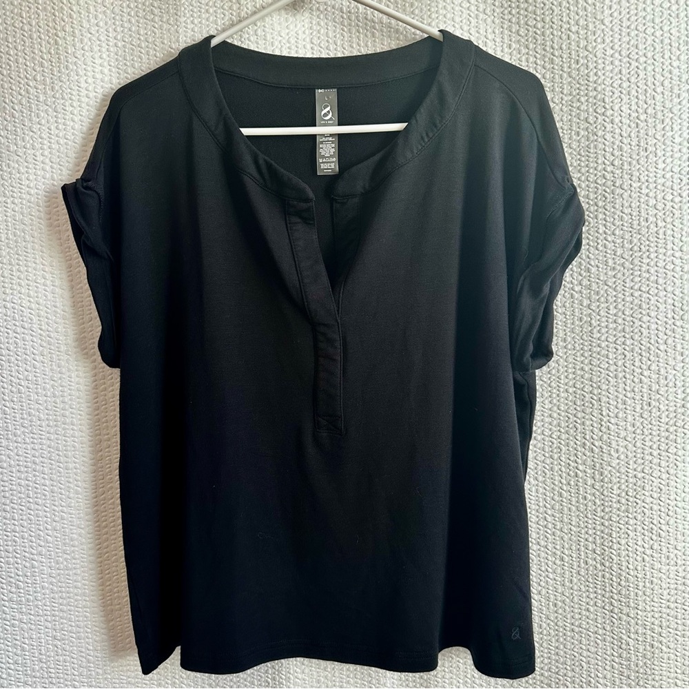 Lou & Grey Black Cap Sleeve Blouse Split V Neck Relaxed Fit Casual Work Top Larg